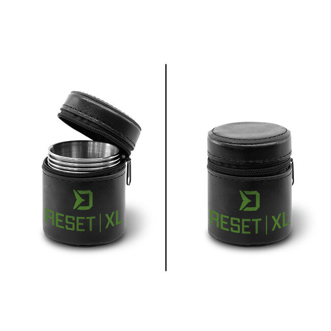 Delphin Ensemble de 4 verres à liqueur en acier inoxydable RESET de 70 ml avec sac en simili-cuir