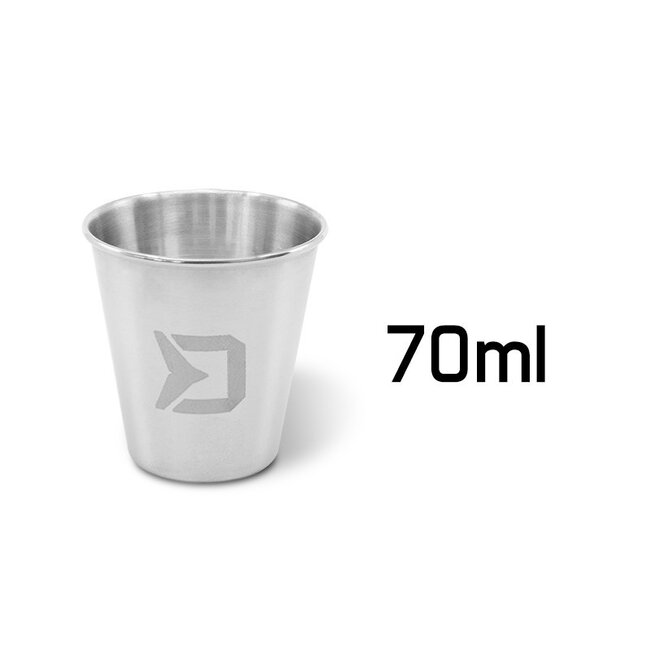 Delphin Ensemble de 4 verres à liqueur en acier inoxydable RESET de 70 ml avec sac en simili-cuir