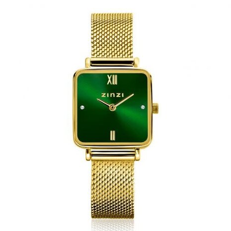 Zinzi Zinzi ZIW1735, Goldplated square horloge met groene wijzerplaat