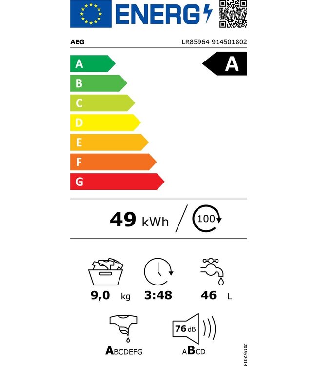 AEG 8000 serie PowerCare Wasmachine voorlader 9 kg LR85964