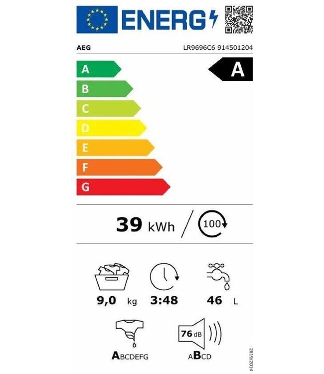 AEG 9000 serie AbsoluteCare® Wasmachine voorlader 9 kg LR9696C6