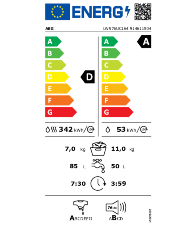 AEG 7000 ProSteam® - UniversalDose Was droogcombinatie Condensatie 11 kg LWR76UC164