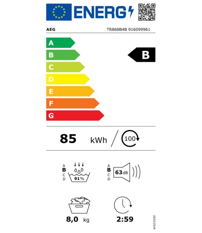AEG 8000 AbsoluteCare® - Warmtepomp Droger 8 kg  TR868B4B