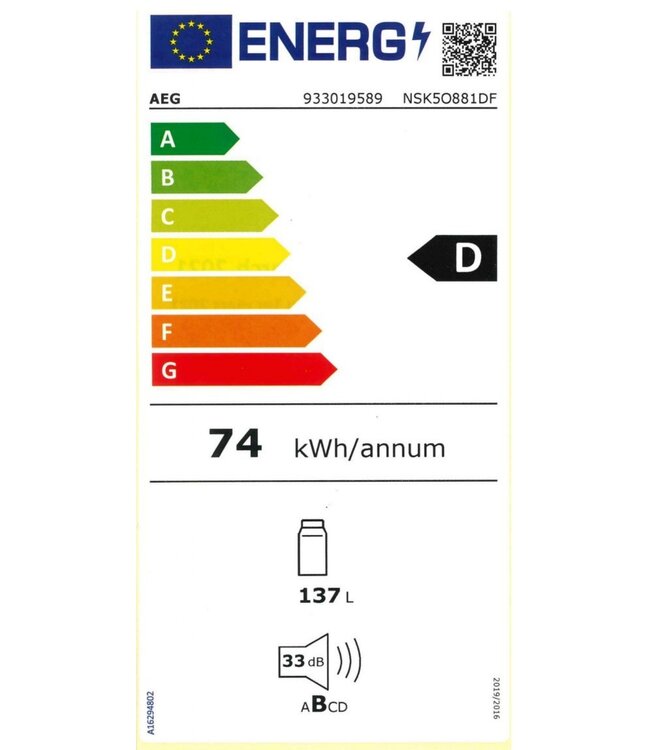 AEG Koelkast inbouw 88 cm NSK5O881DF