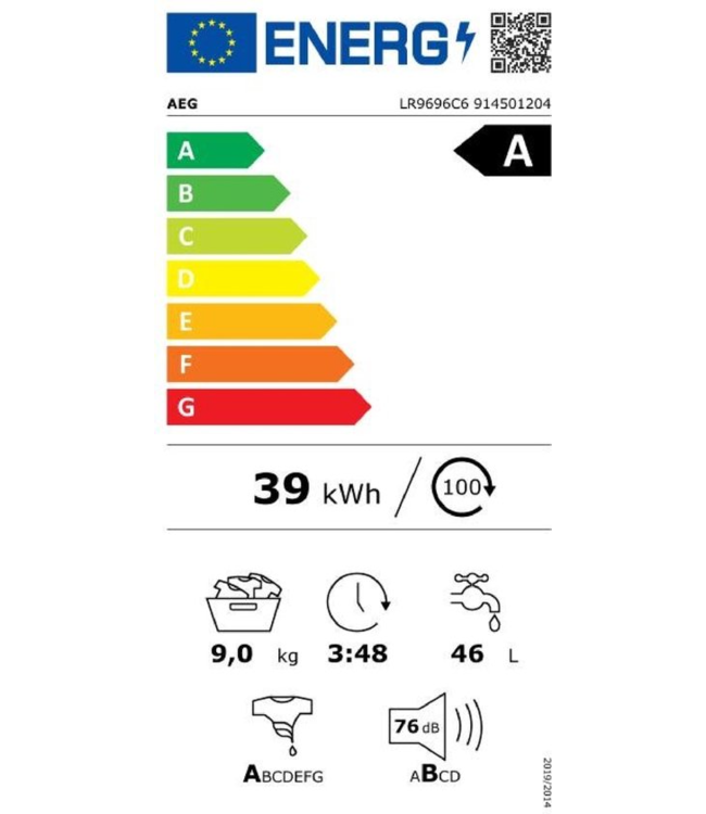 AEG 9000 serie AbsoluteCare® Wasmachine voorlader 9 kg LR9696C6