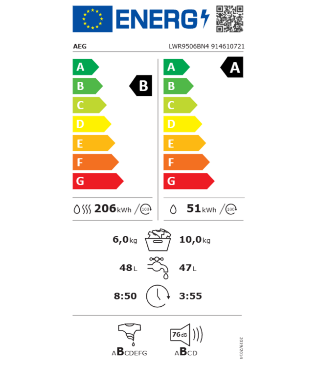 AEG 9000 AbsoluteCare® - Warmtepomp Was-droogcombinatie 10 kg LWR9506BN4