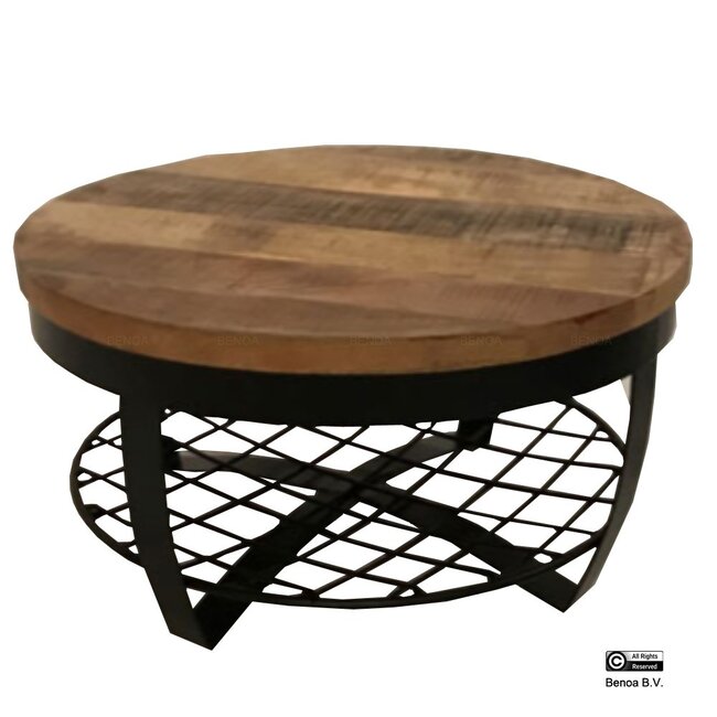 - Salontafel Rond Metaal & Metalen Rek 90 Iron Stand Black Finish & Wood Natural Finish