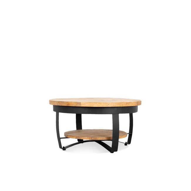 Brooz Paras Ronde Salontafel 65 cm – Mangohout & Zwart Metaal met Opbergplateau