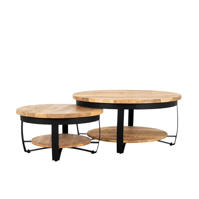 Brooz Paras Ronde Salontafel 65 cm – Mangohout & Zwart Metaal met Opbergplateau
