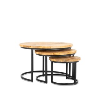 Brooz Rylee Ronde Salontafel Set van 3 – Mangohout & Zwart Metaal