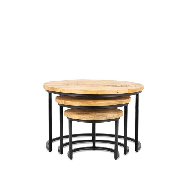 Brooz Rylee Ronde Salontafel Set van 3 – Mangohout & Zwart Metaal