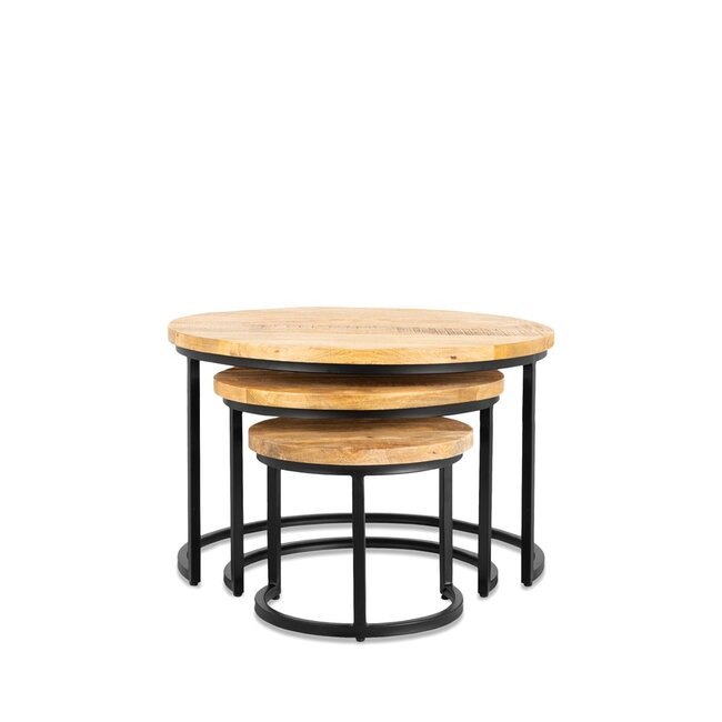 Brooz Rylee Ronde Salontafel Set van 3 – Mangohout & Zwart Metaal