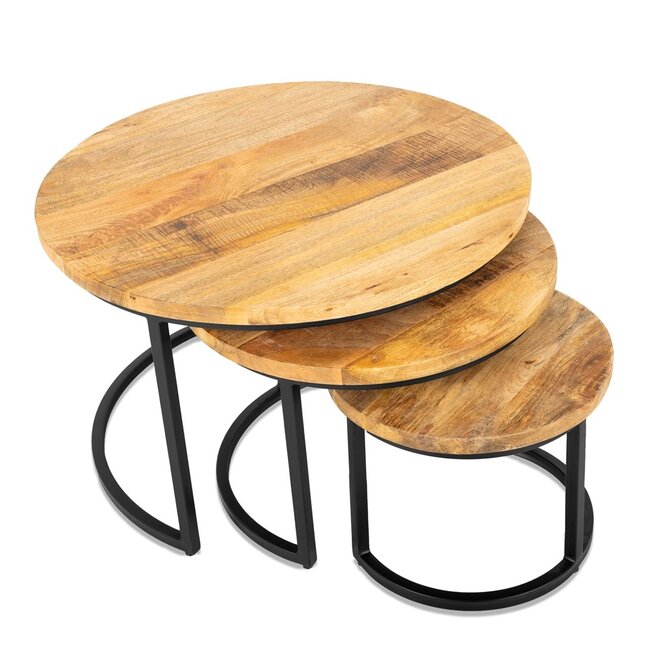 Brooz Rylee Ronde Salontafel Set van 3 – Mangohout & Zwart Metaal