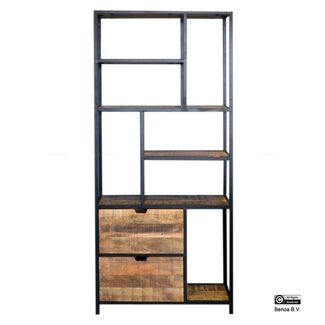 Brooz Ben boekenkast – mangohout met zwart stalen frame en 2 lades