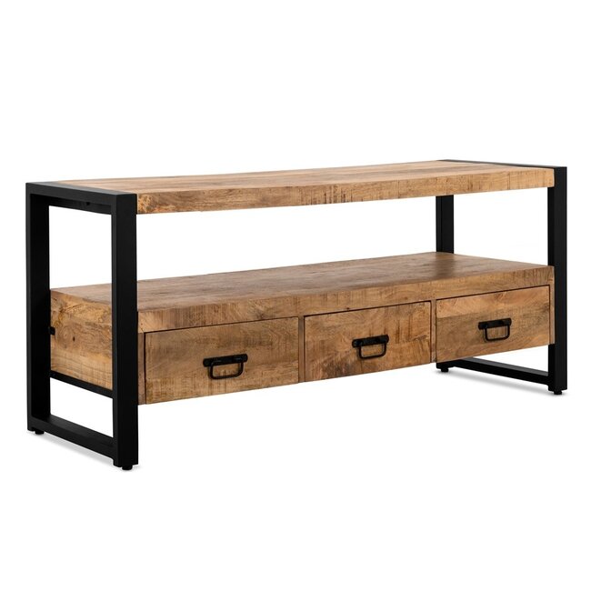 Brooz TV meubel Britt 150 – mangohout met 3 lades en zwart metalen frame