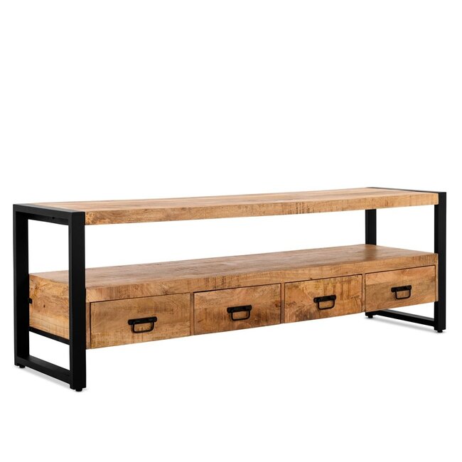 Brooz TV meubel Britt 180 – mangohout met 4 lades en zwart metalen frame