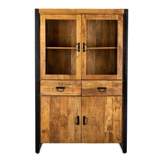 Brooz Industriële vitrinekast Britt 180 – mangohout met glazen deuren en lades