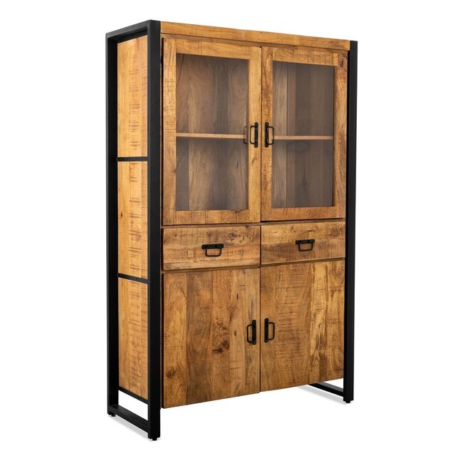 Brooz Industriële vitrinekast Britt 180 – mangohout met glazen deuren en lades