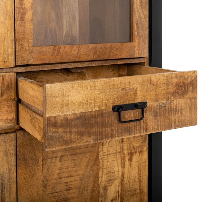 Brooz Industriële vitrinekast Britt 180 – mangohout met glazen deuren en lades