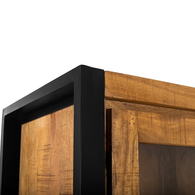 Brooz Industriële vitrinekast Britt 180 – mangohout met glazen deuren en lades