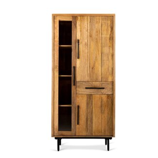 Brooz Vitrinekast Jayden 85 – egaal mangohout met glas, lade en zwart stalen onderstel