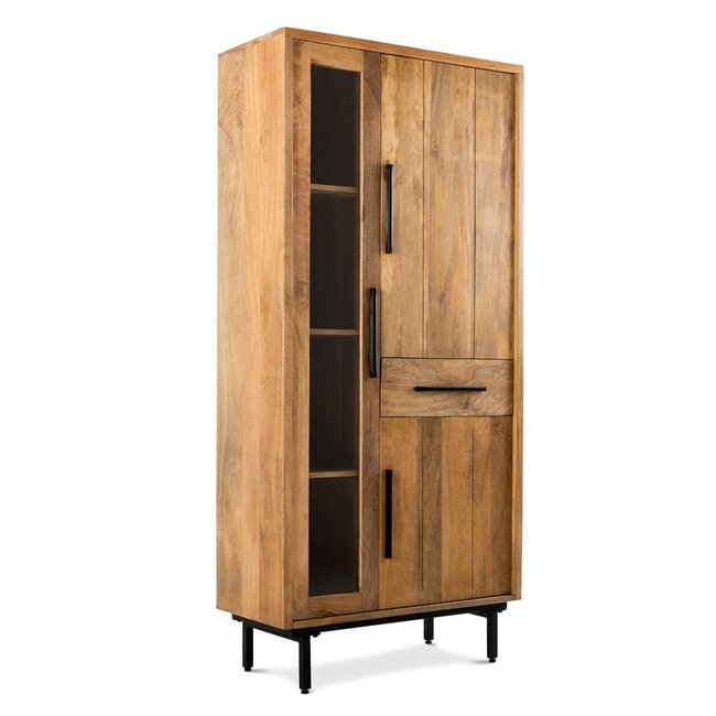 Brooz Vitrinekast Jayden 85 – egaal mangohout met glas, lade en zwart stalen onderstel