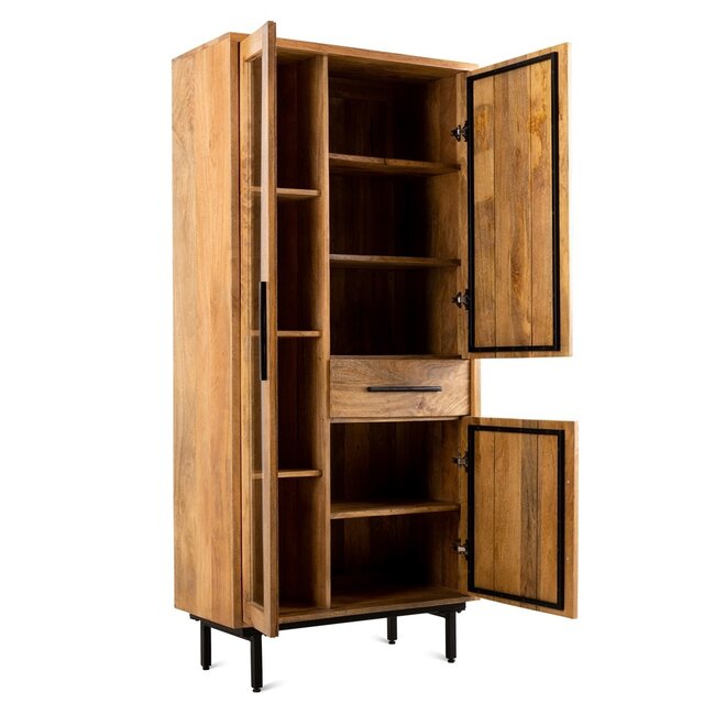 Brooz Vitrinekast Jayden 85 – egaal mangohout met glas, lade en zwart stalen onderstel