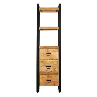 Brooz Britt smalle Boekenkast – mangohout met zwart stalen frame en 3 lades