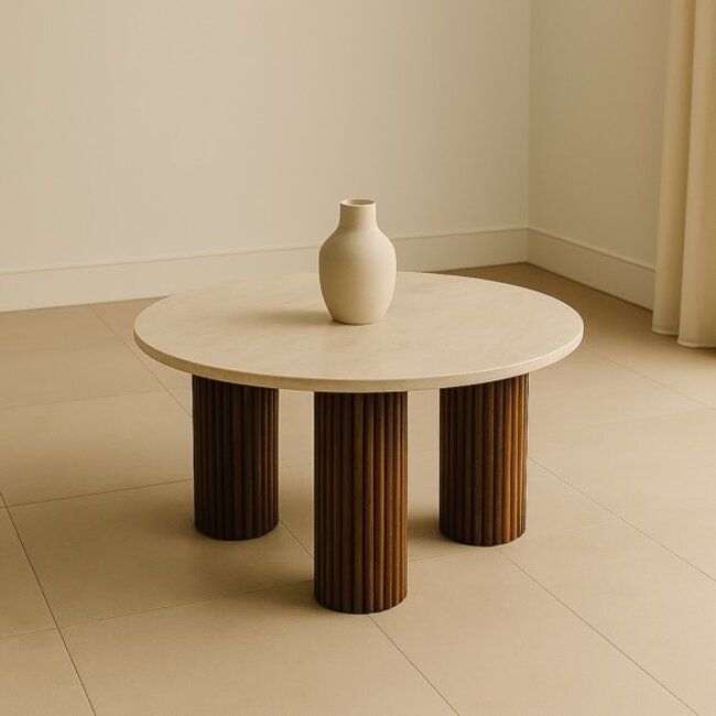 Brooz Salontafel Ron Ø90 | Travertinlook & Walnoot