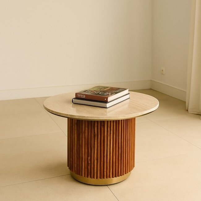 Brooz Salontafel Rens Ø75 cm – Travertin Look Salontafel met Gouden Details