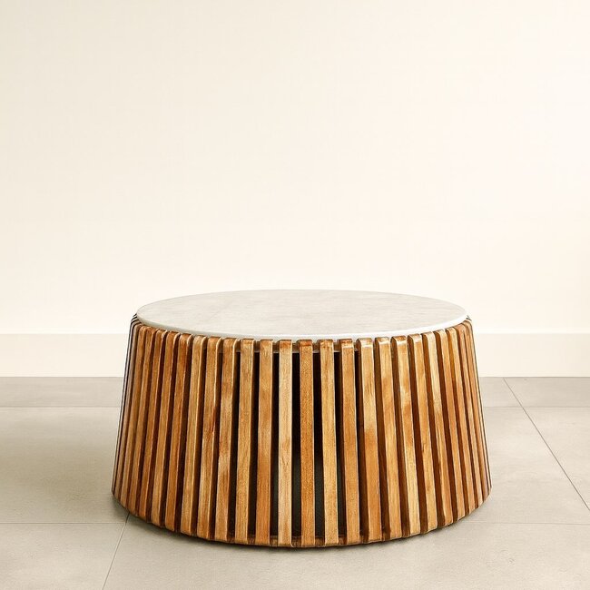 Brooz Salontafel Dex Ø85 cm Baswada Marmer & Acaciahout – Luxe Design Salontafel