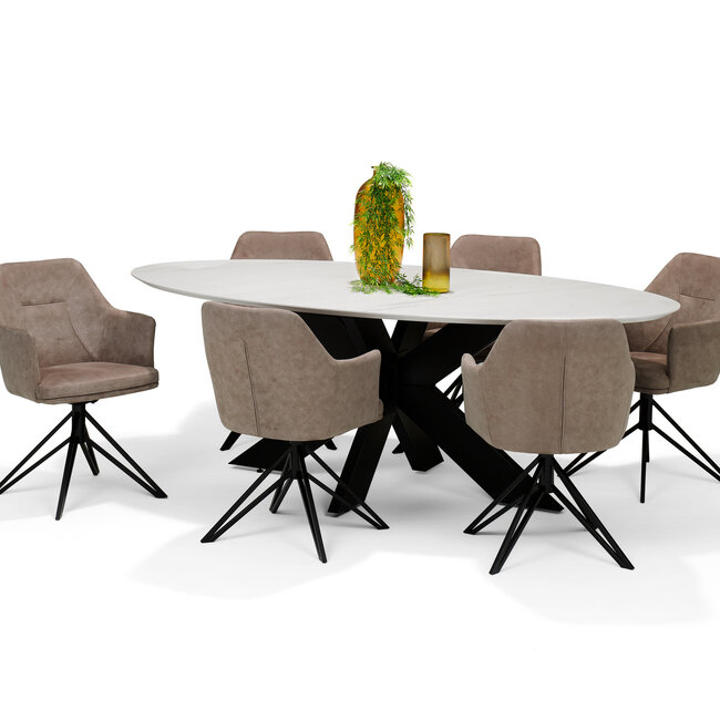 RV Design Draaibare eetkamerstoel Calvin met armleuningen en auto-return – UKFR Soft stof Pebble