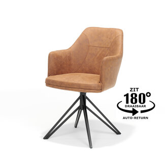 RV Design Draaibare eetkamerstoel Calvin met armleuningen en auto-return – Soft stof Cognac