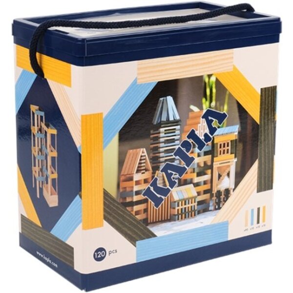 Kapla  Kapla houten speel Plankjes 120 BOX blue, yellow, green : 90 natural + 30 coloured planks
