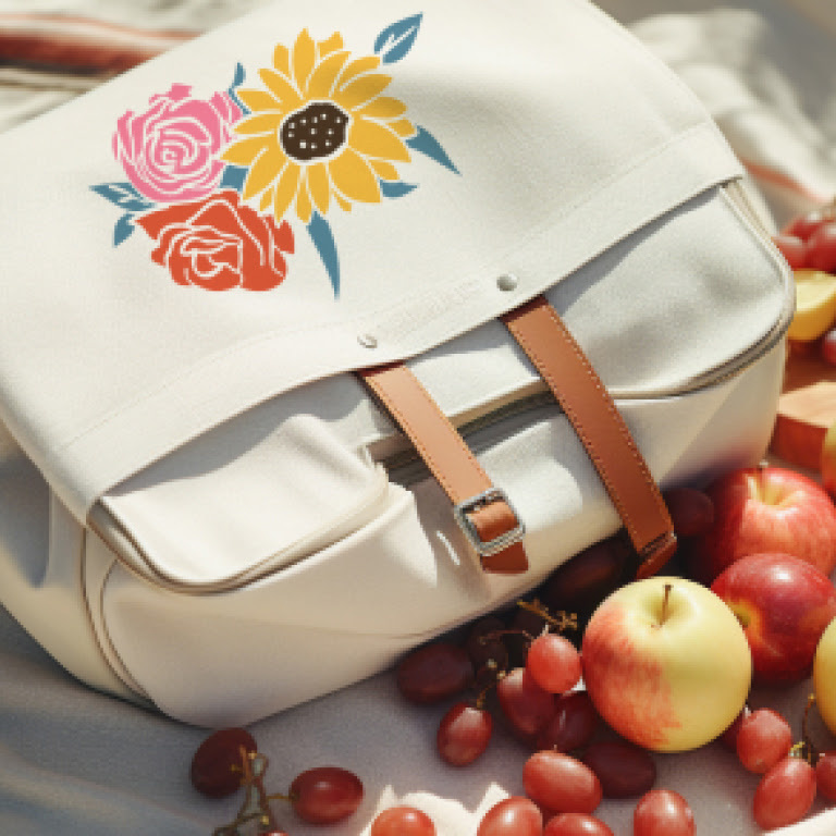 White canvas bag with leather straps lying flat on a table with apples and grapes. It has a heat transfer print of two roses and a sunflower on the opening flap.
