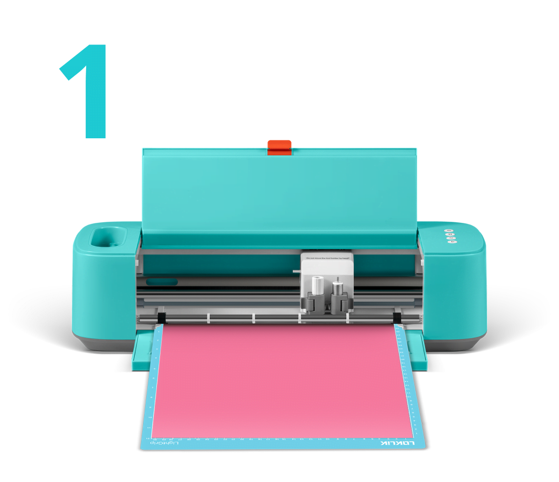 Frontal view of an open LOKLiK Crafter with a blue cutting mat and pink heat transfer vinyl.