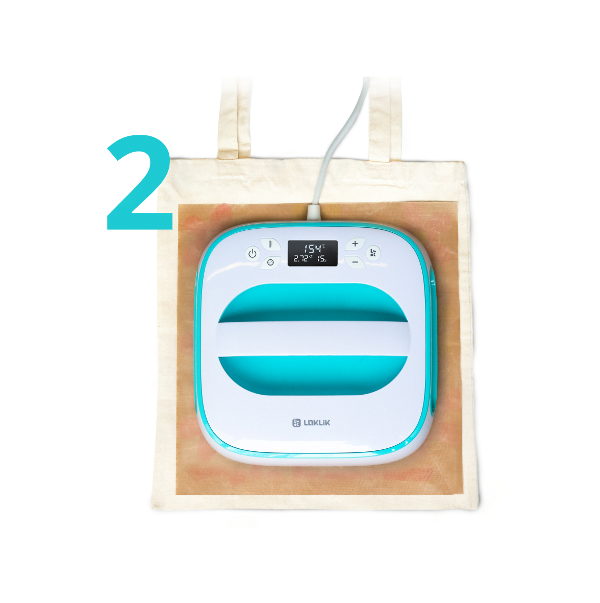 Top down view of a white tote bag with a teflon sheet on top and a LOKLiK Easy Heat Press in LOKLiK Blue.