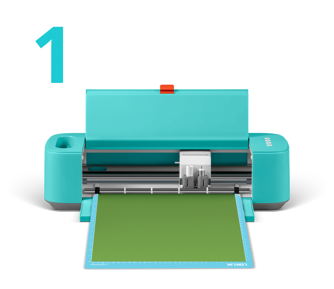 Frontal view of an open LOKLiK Crafter with a blue cutting mat and grass green heat transfer vinyl.