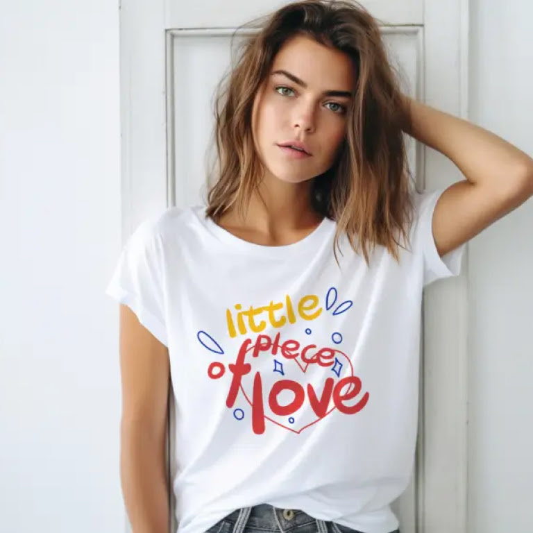 Woman wearing a white shirt with a heat transfer desing saying 'little piece of love'.