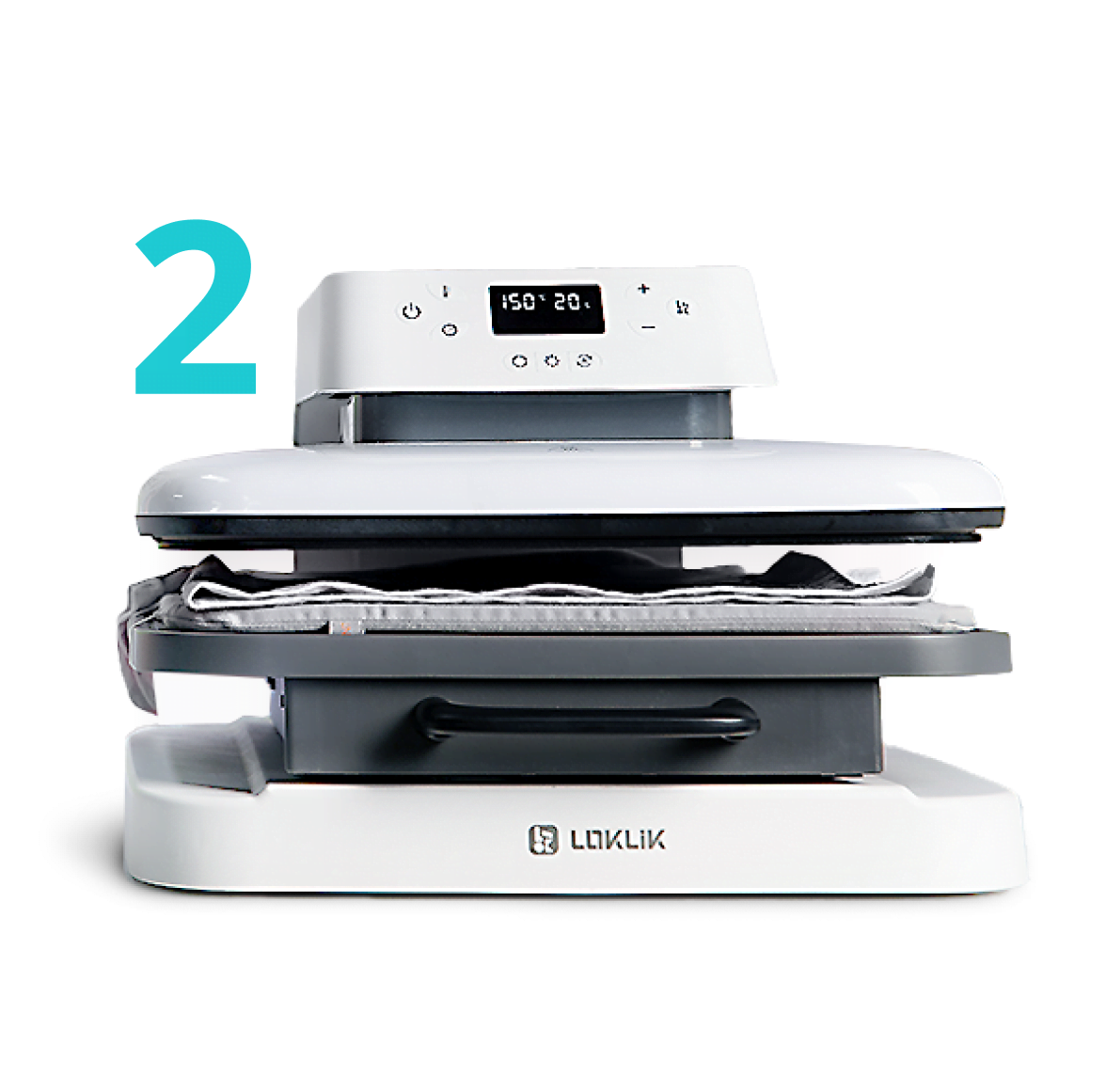 Frontal view of a white LOKLiK Auto Heat Press which is partially open and has a shirt in between, ready to be pressed.