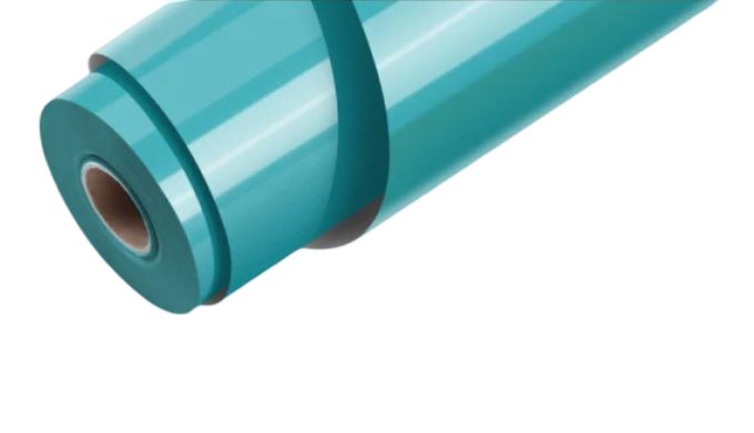 Roll of heat transfer vinyl in aqua blue at an angle.