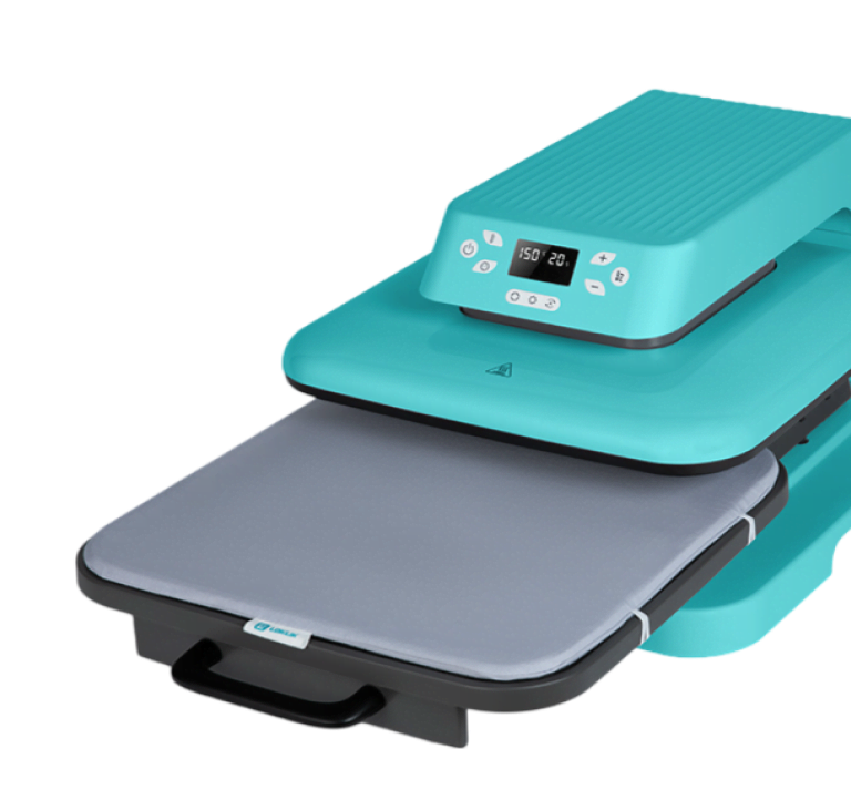 LOKLiK Auto Heat Press in LOKLiK Blue with the drawer pulled out showing the heat press mat.