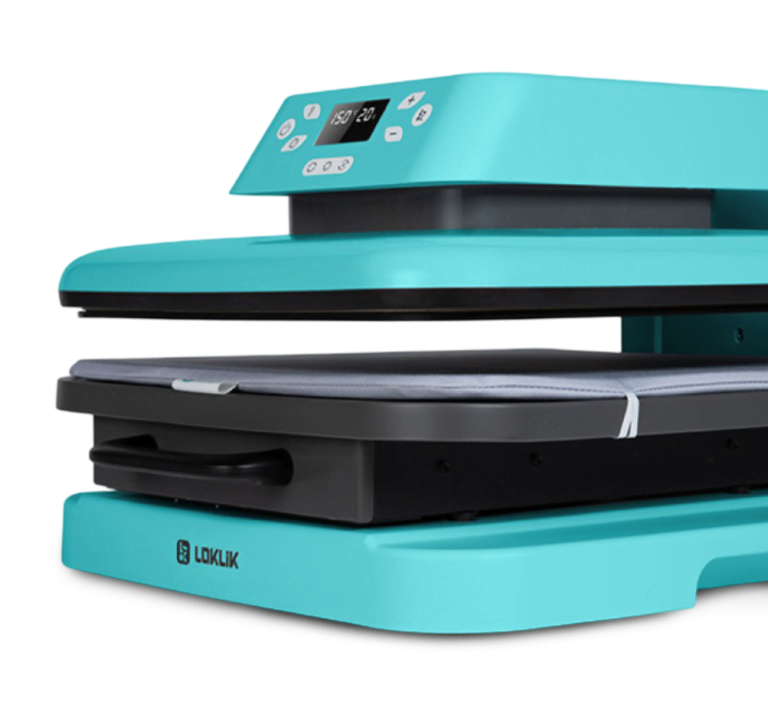 LOKLiK Auto Heat Press in LOKLiK Blue at an angle. The press is open.