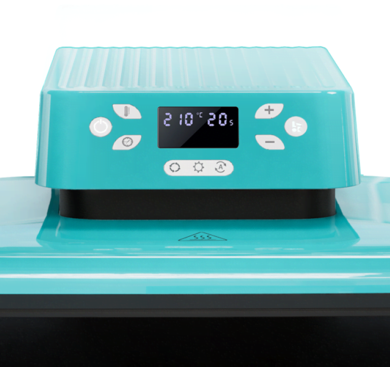 Closer view of the screen on a LOKLiK Auto Heat Press. It shows 210 °C and 20 s.