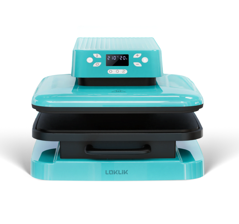 Frontal view of a LOKLiK Auto Heat Press in LOKLiK Blue.