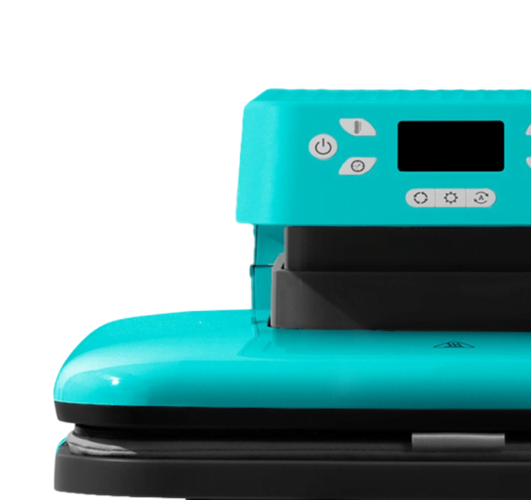 Closer frontal view of a LOKLiK Auto Heat Press in LOKLiK Blue. The screen is off.