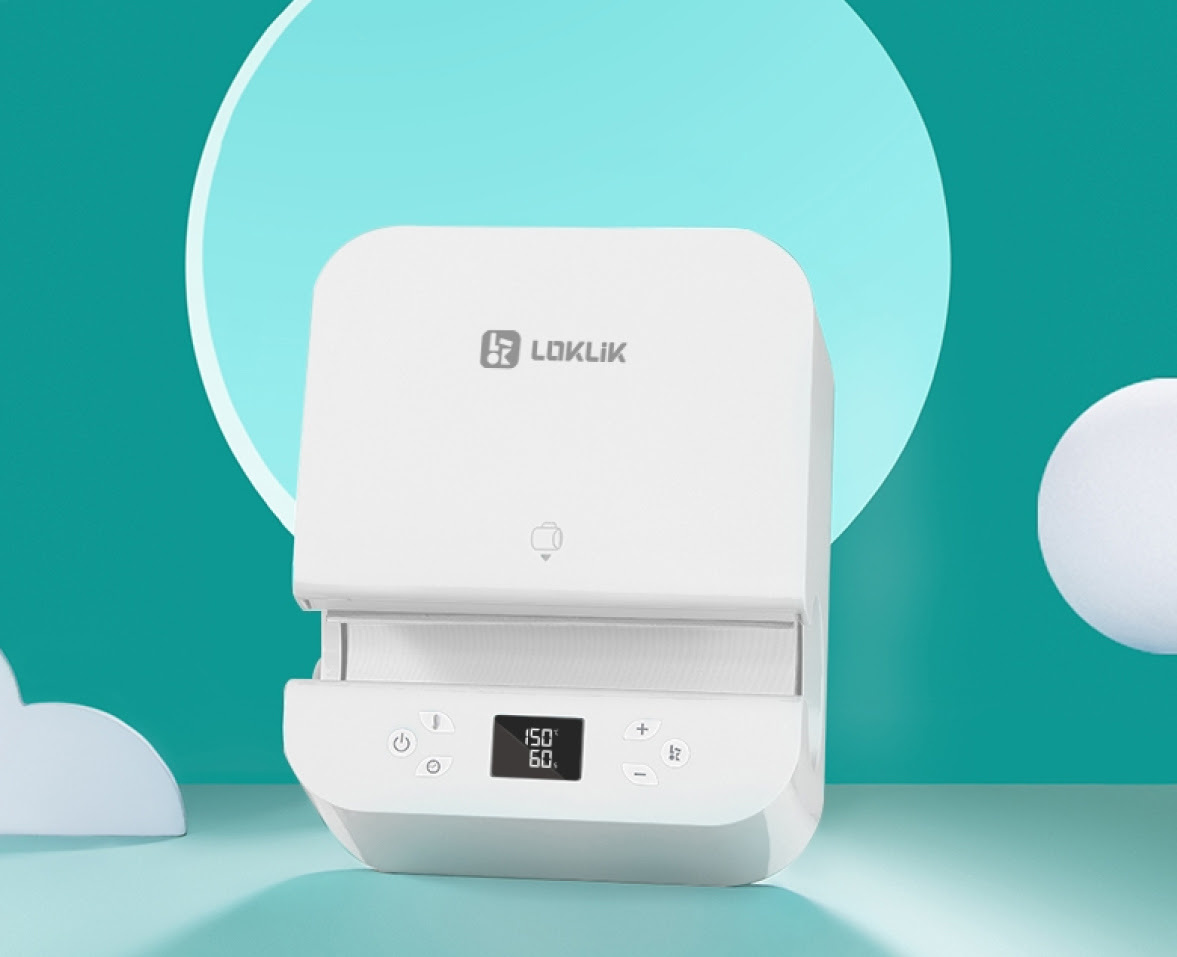 LOKLiK Auto Tumbler Heat Press in front of a dark teal background and aqua circle.