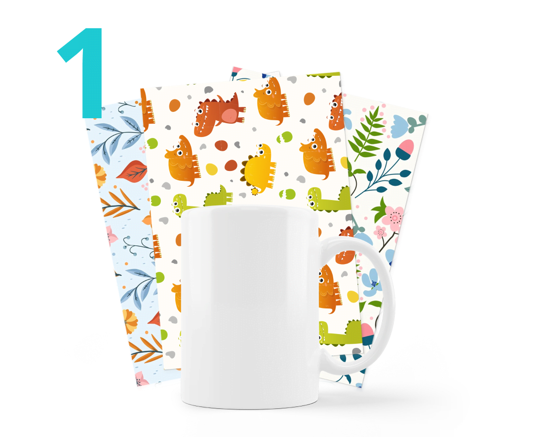 Blank sublimation mug with three printed designs with patterns of dinosaurs and flowers behind it
