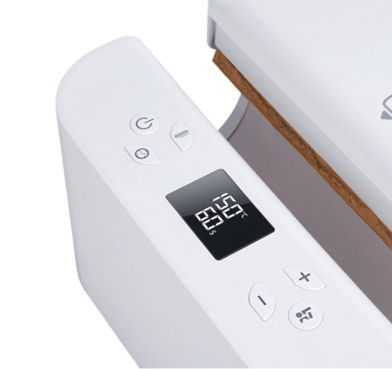 Close view of the screen of the LOKLiK Auto Tumbler Heat Press. It reats 150 °C and 60 s.