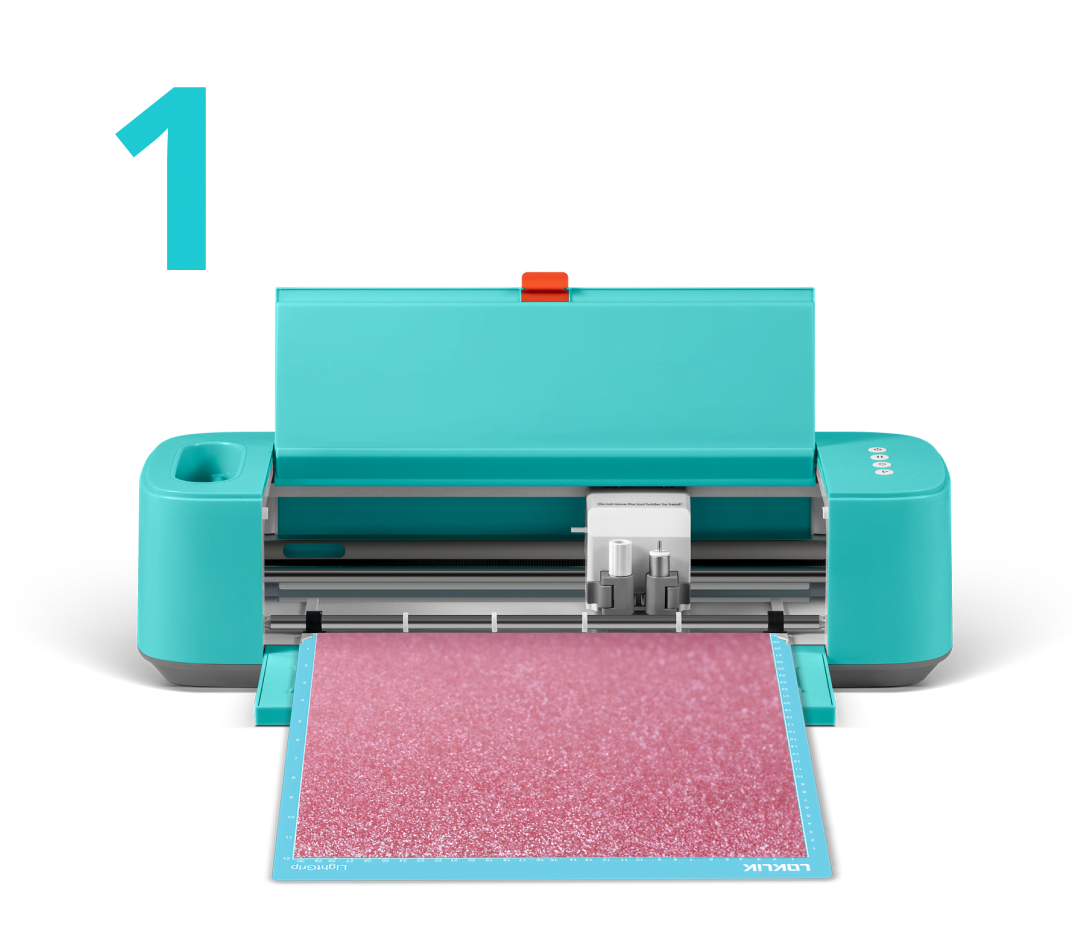 Frontal view of an open LOKLiK Crafter with a blue cutting mat and glitter pink heat transfer vinyl.